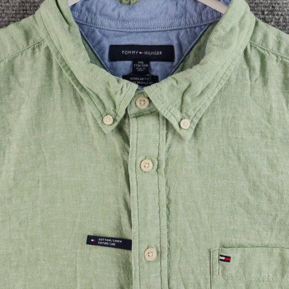 NWOT Tommy Hilfiger Linen Short Sleeve Button Up Shirt Green 2XL Regular Fit Men - Picture 1 of 14